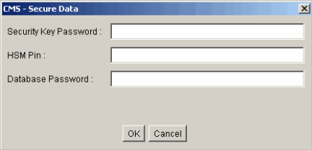 CMS - Secure Data dialog box where you can enter the Security key Password, the HSM Pin and the Database Password